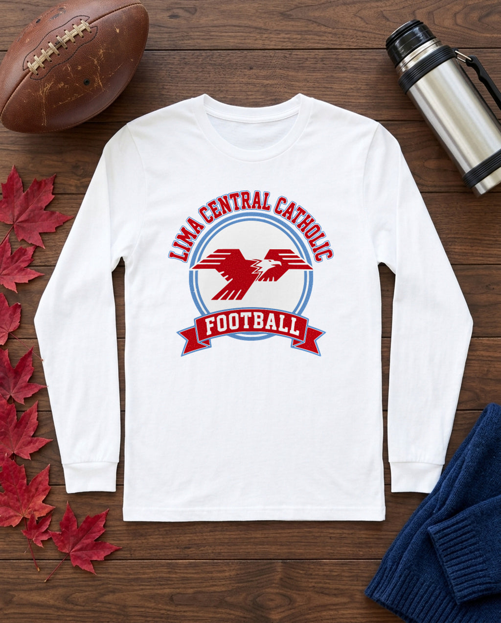 Lima Central Catholic Football Crest Long Sleeve - White
