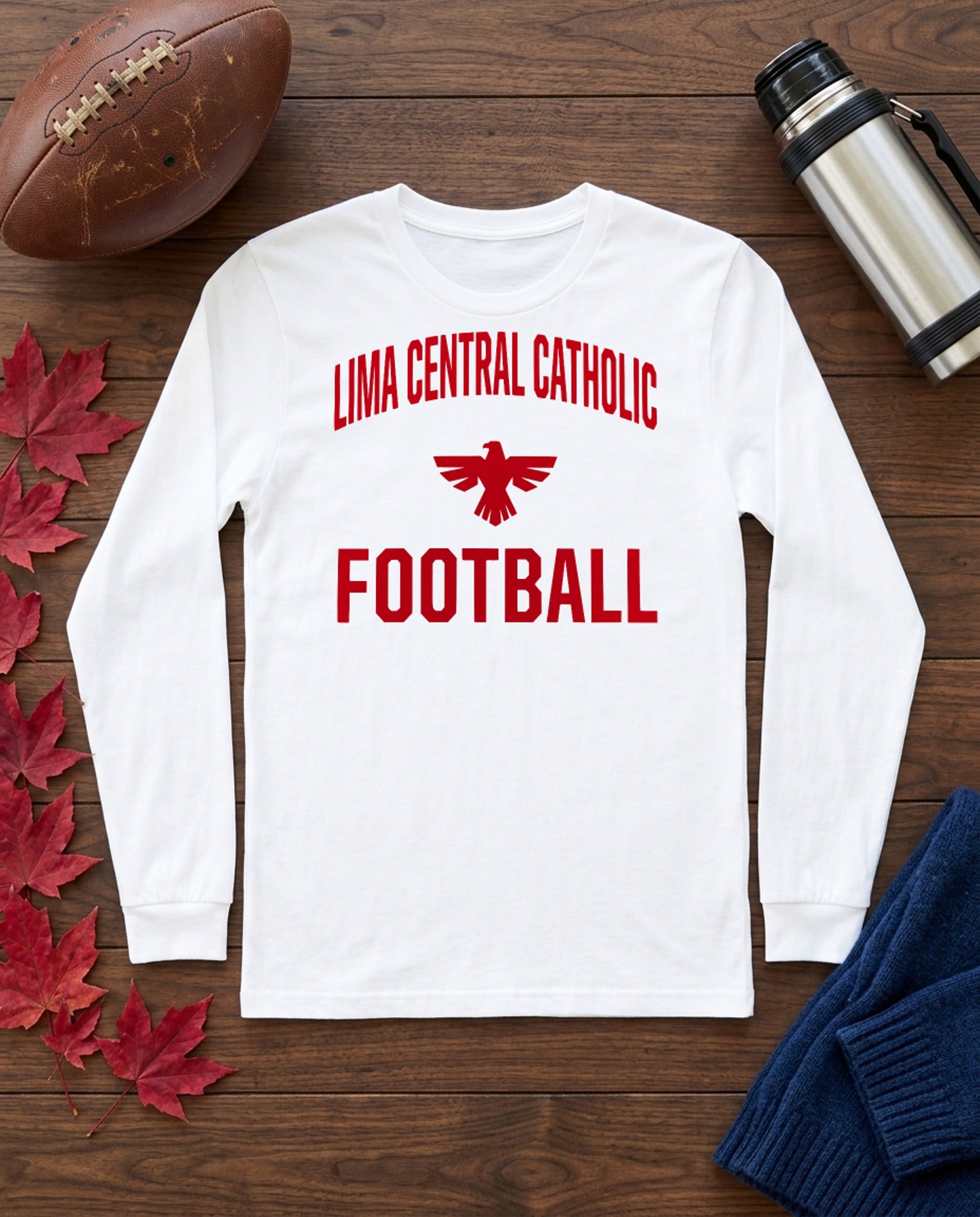 Lima Central Catholic Football Stack Long Sleeve - White