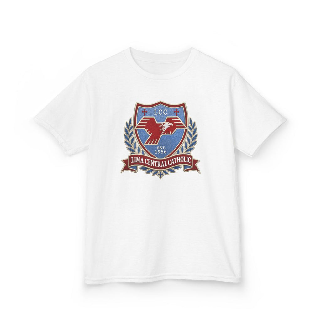 Lima Central Catholic Heritage Crest Youth Tee in White, front detail