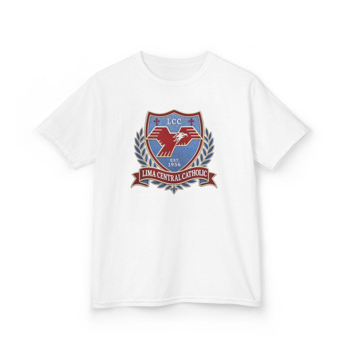 Lima Central Catholic Heritage Crest Youth Tee in White, front detail
